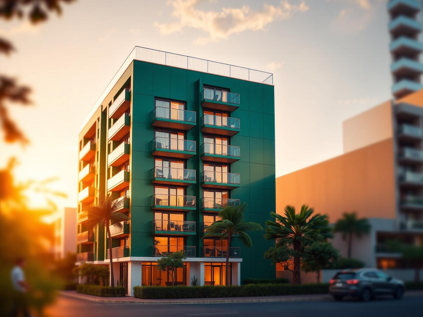 Edifício residencial premium ao entardecer